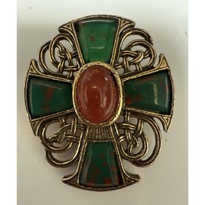 Vintage Celtic Cross Brooch Green & Red Glass Gold Tone Scottish Style